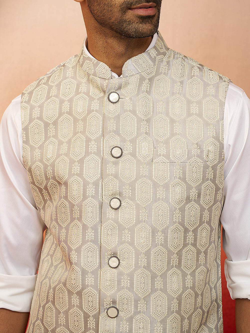 Men Grey Silk Nehru Jacket