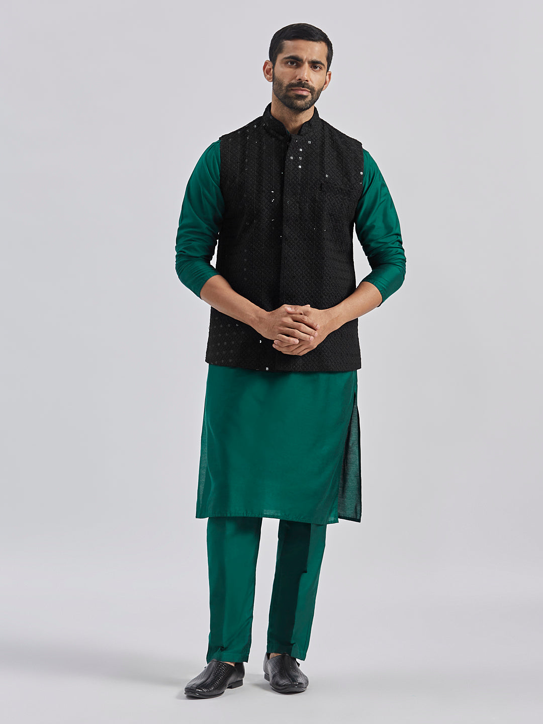 Sarvati Men's Black And Bottle Green Viscose Jacket, Kurta and Pyjama Set