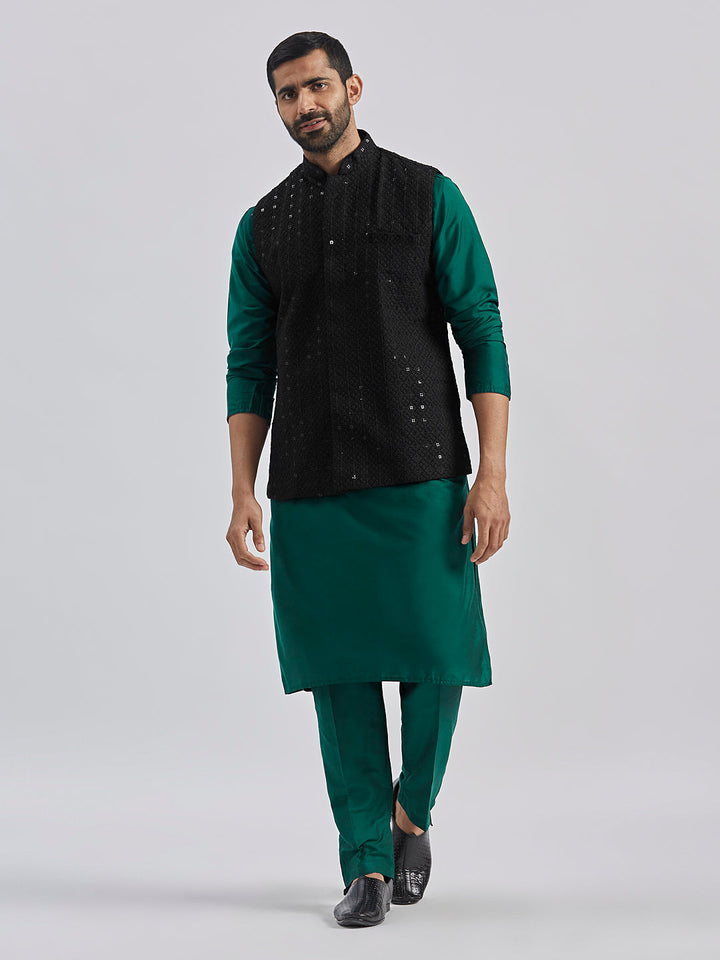 Sarvati Men's Black And Bottle Green Viscose Jacket, Kurta and Pyjama Set