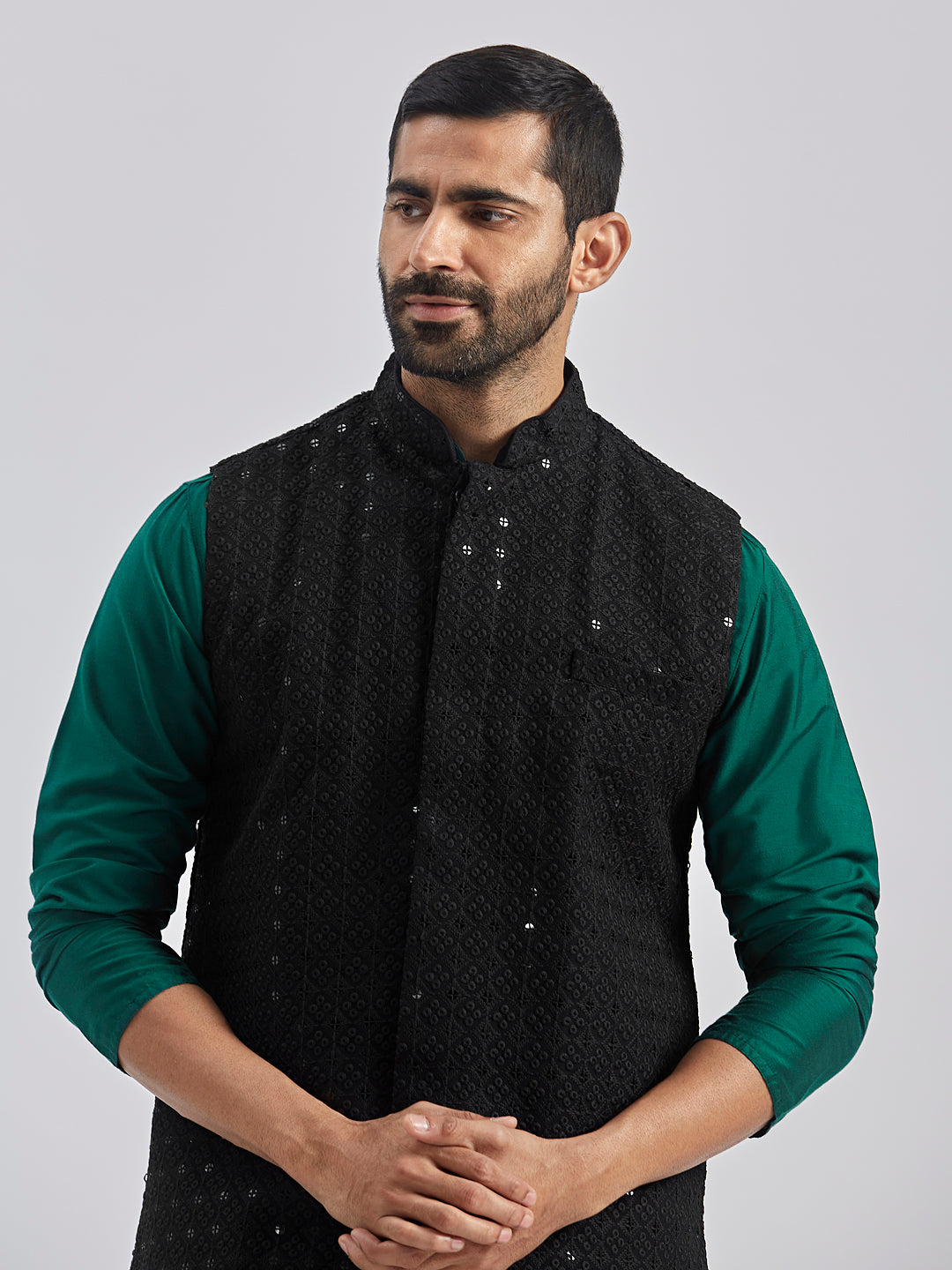 Sarvati Men's Black And Bottle Green Viscose Jacket, Kurta and Pyjama Set