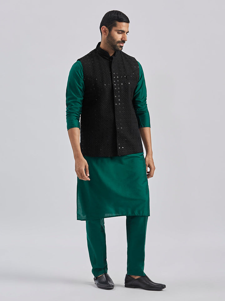 Sarvati Men's Black And Bottle Green Viscose Jacket, Kurta and Pyjama Set