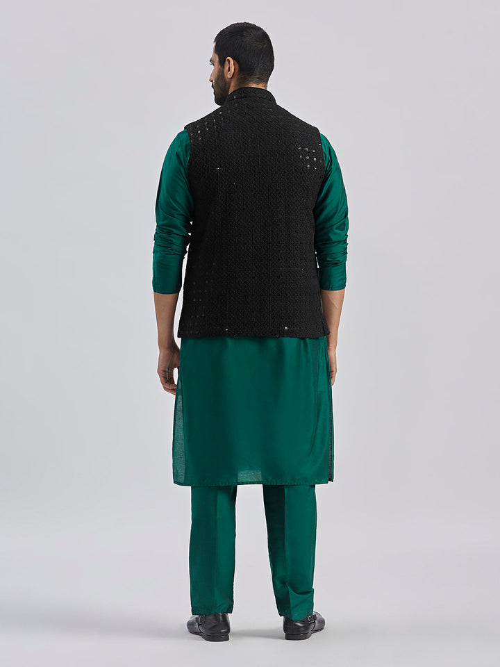 Sarvati Men's Black And Bottle Green Viscose Jacket, Kurta and Pyjama Set