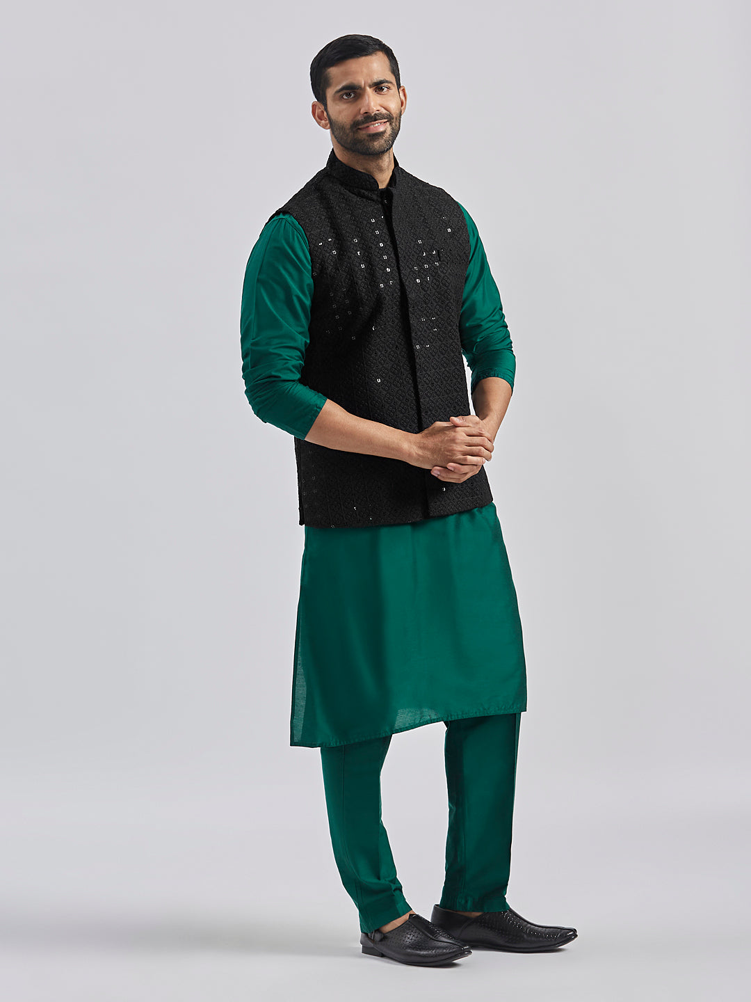 Sarvati Men's Black And Bottle Green Viscose Jacket, Kurta and Pyjama Set