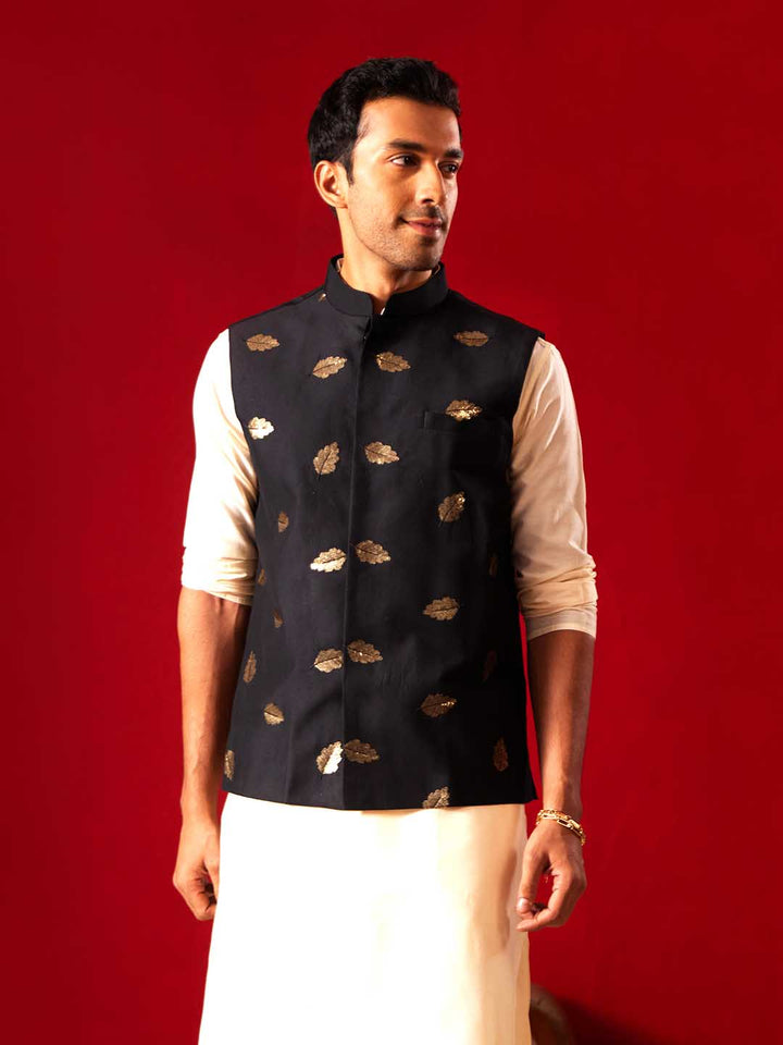 Men's Black Leaf Motif Embellished Jacket