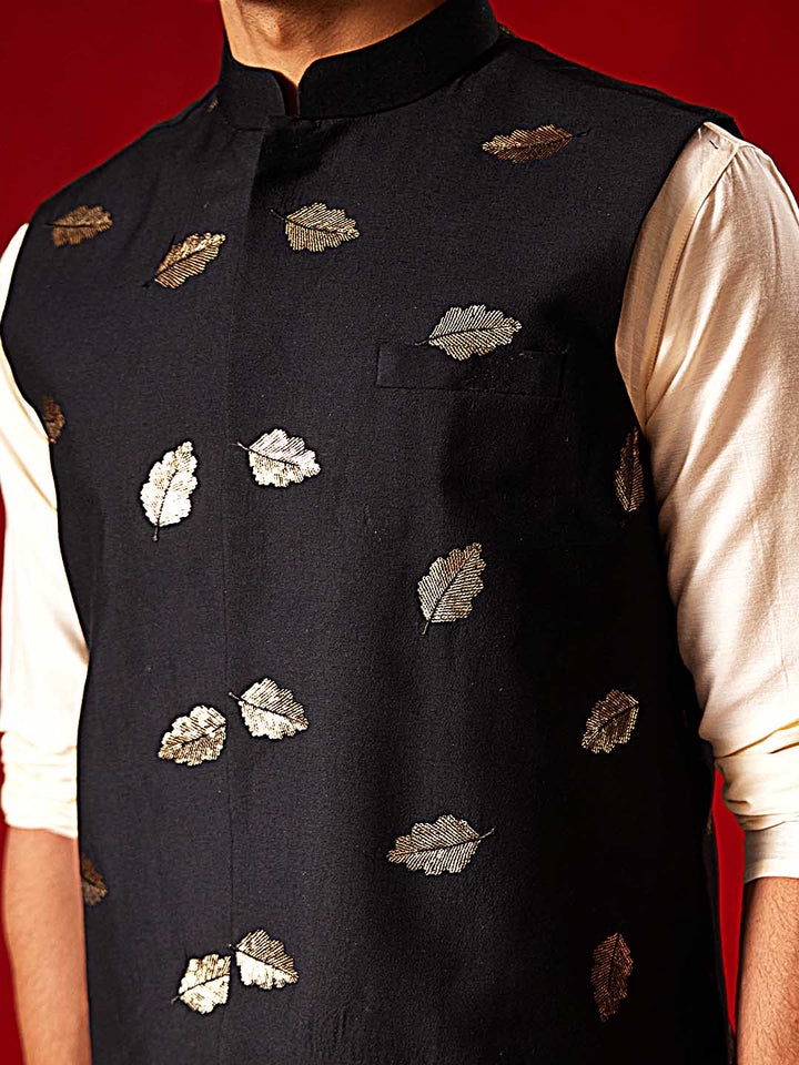 Men's Black Leaf Motif Embellished Jacket