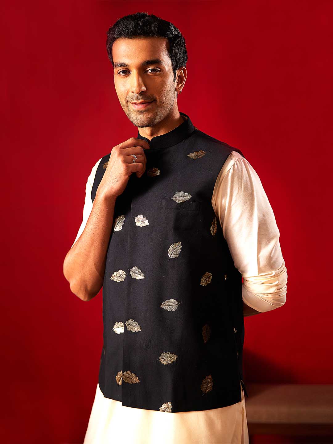 Sarvati Men's Black Leaf Motif Embellished jacket Kurta Pant Set