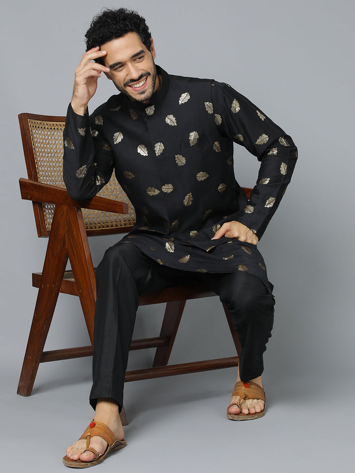 Sarvati Men's Black Leaf Motif Embellished jacket Kurta Pant Set