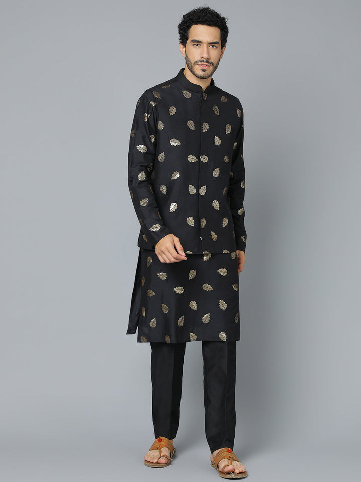 Sarvati Men's Black Leaf Motif Embellished jacket Kurta Pant Set