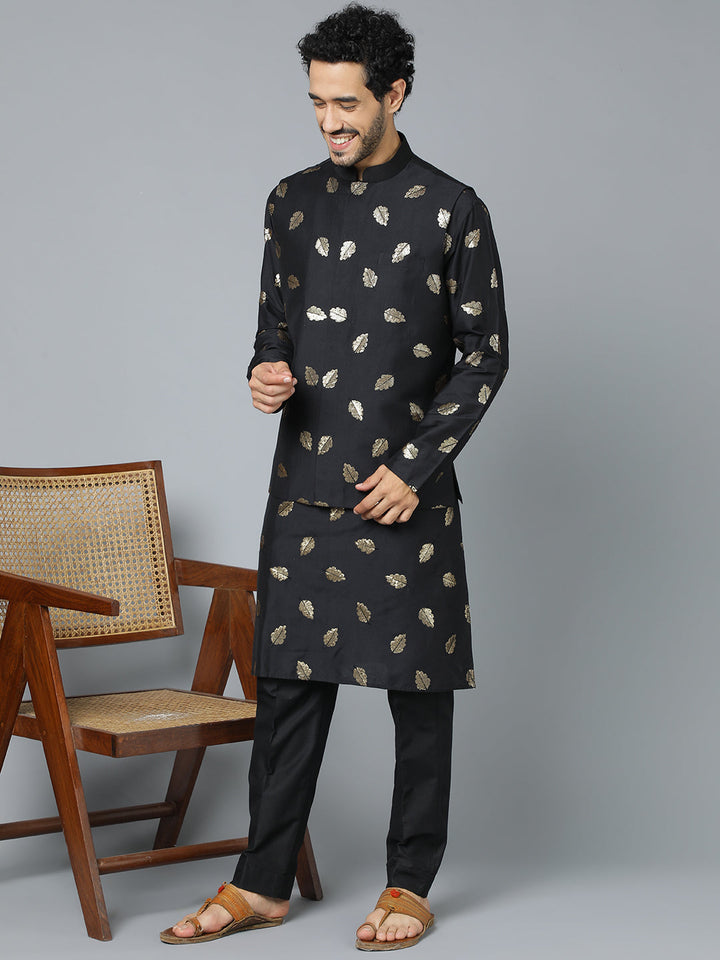 Sarvati Men's Black Leaf Motif Embellished jacket Kurta Pant Set