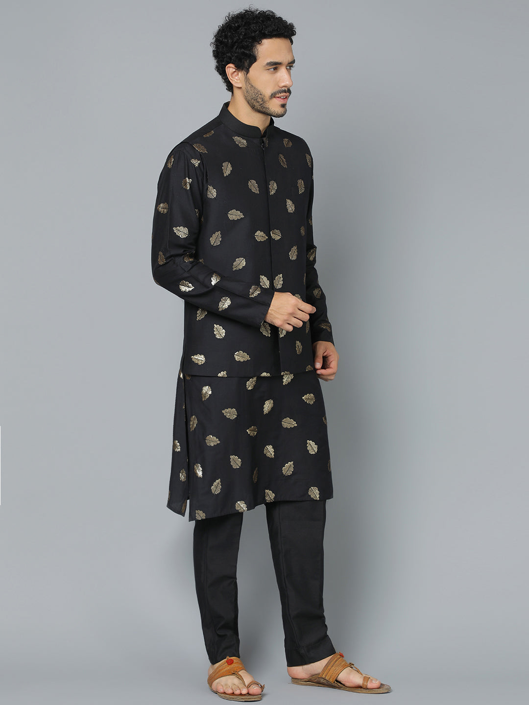 Sarvati Men's Black Leaf Motif Embellished jacket Kurta Pant Set