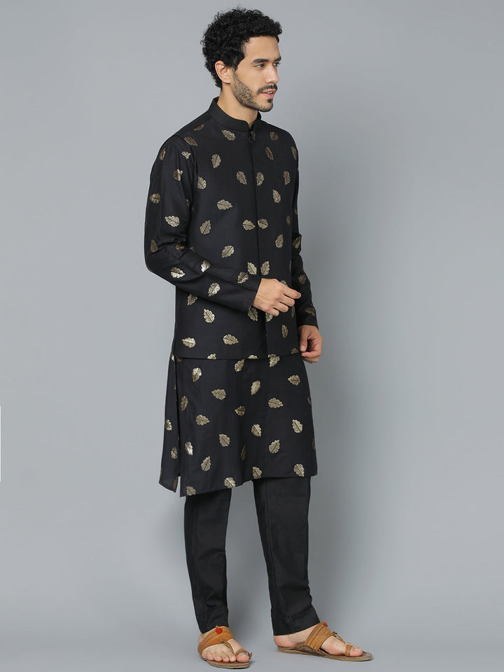 Sarvati Men's Black Leaf Motif Embellished jacket Kurta Pant Set