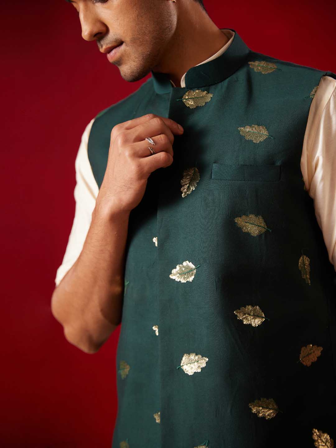 Sarvati Men's Green Leaf Motif Embellished jacket Kurta Pant Set