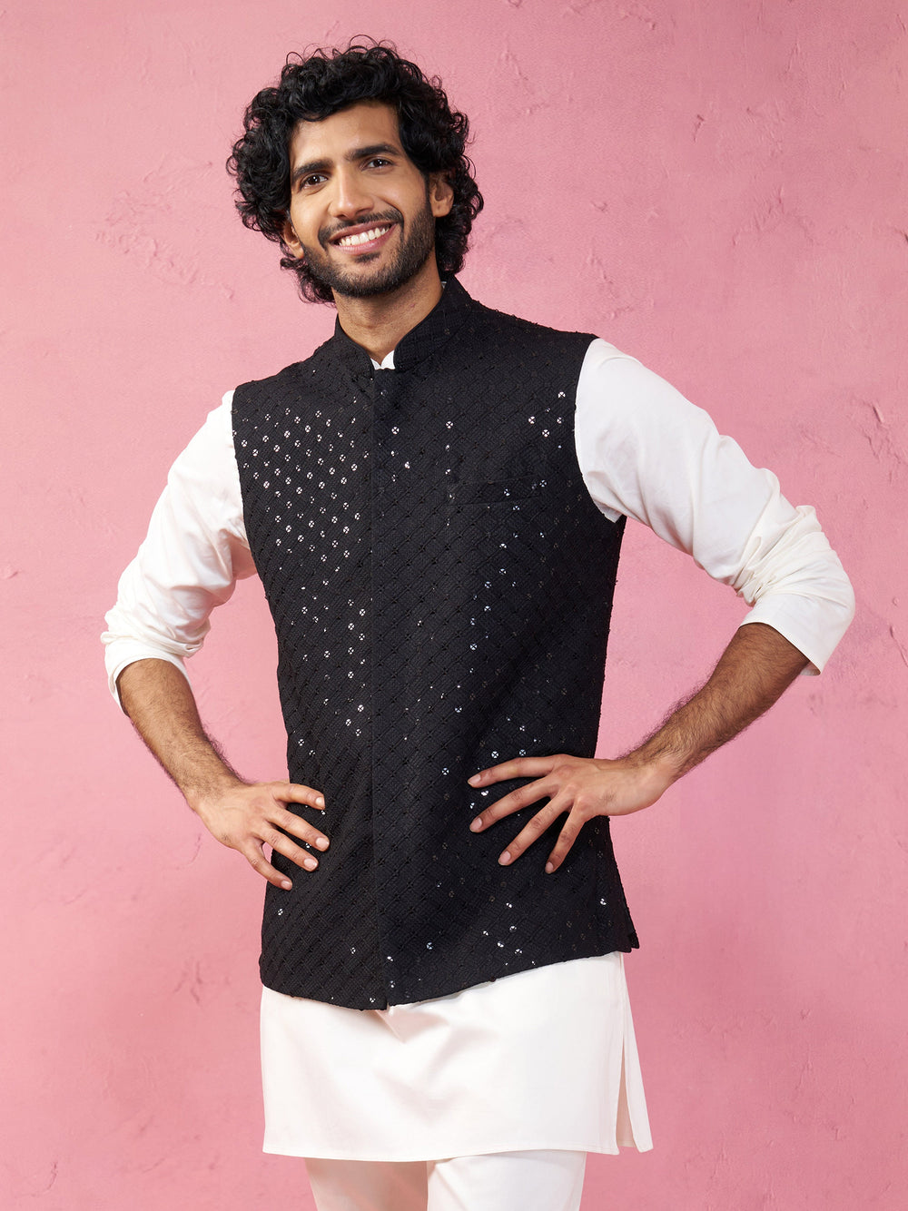 Black Rayon Sequined Nehru Jacket