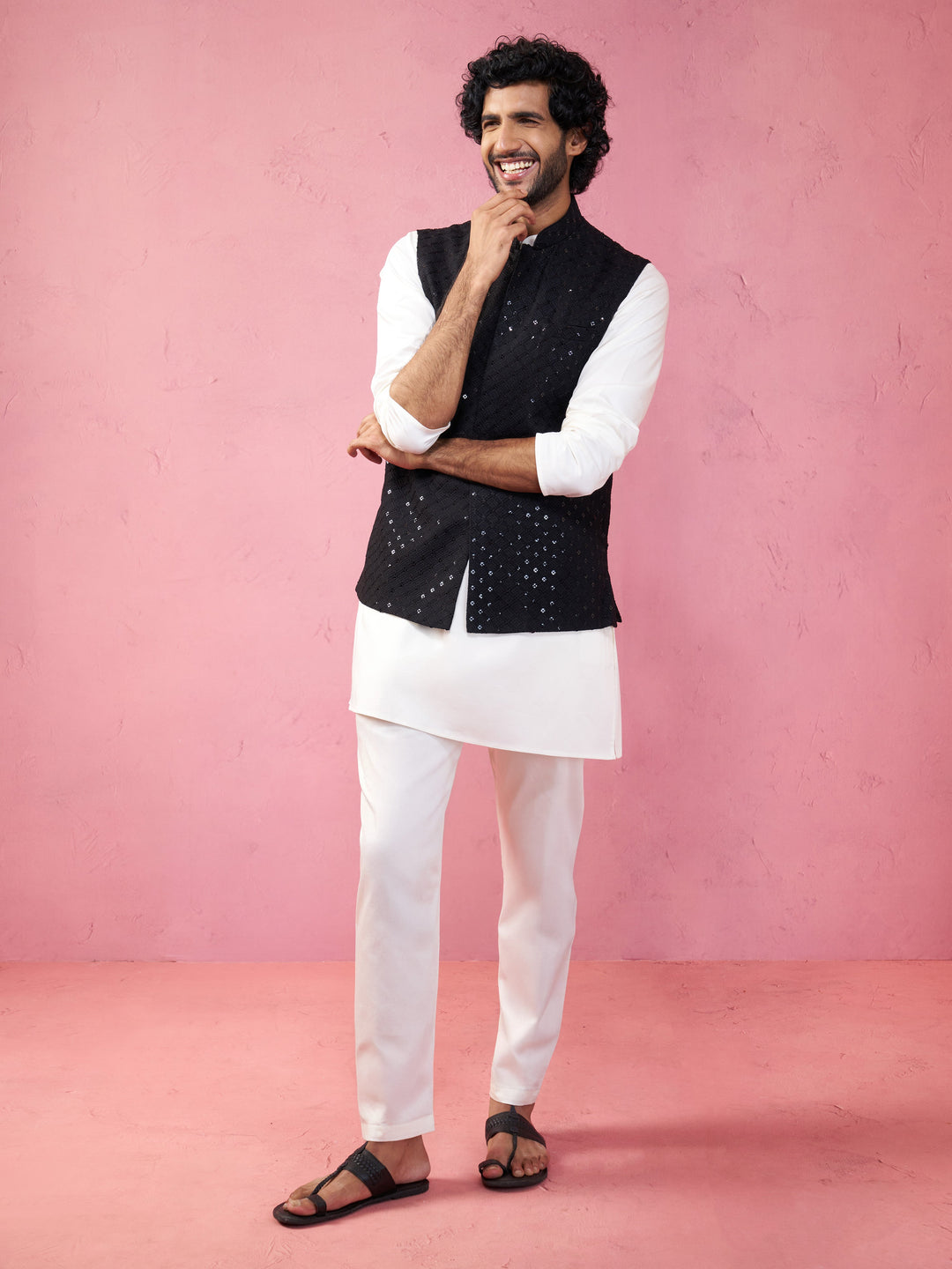Men's Black Sequin Embroidered Nehru Jacket with Cream Kurta Pyjama