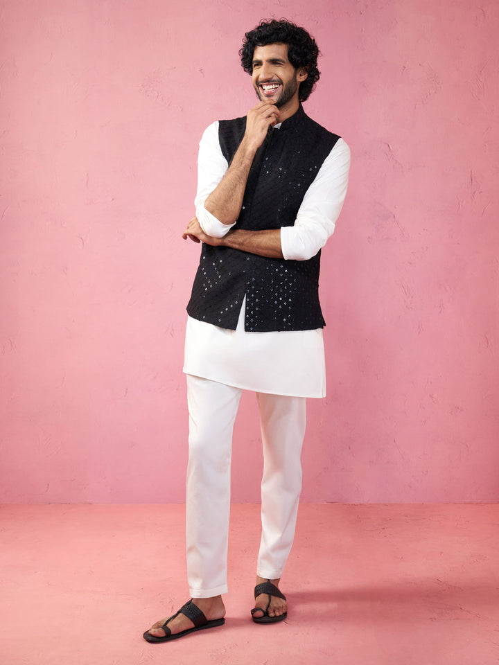 Men's Black Sequin Embroidered Nehru Jacket with Cream Kurta Pyjama