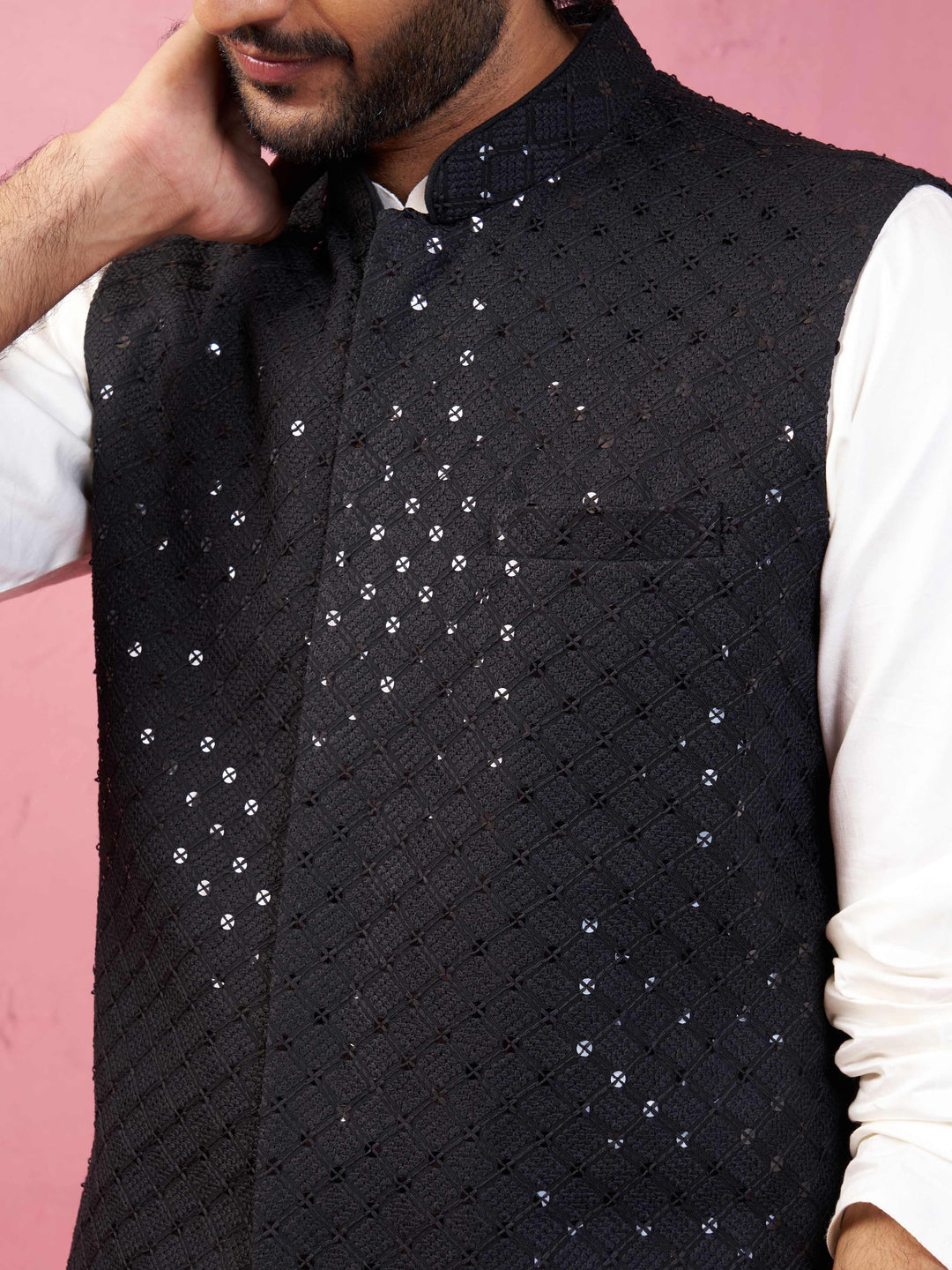 Men's Black Sequin Embroidered Nehru Jacket with Cream Kurta Pyjama