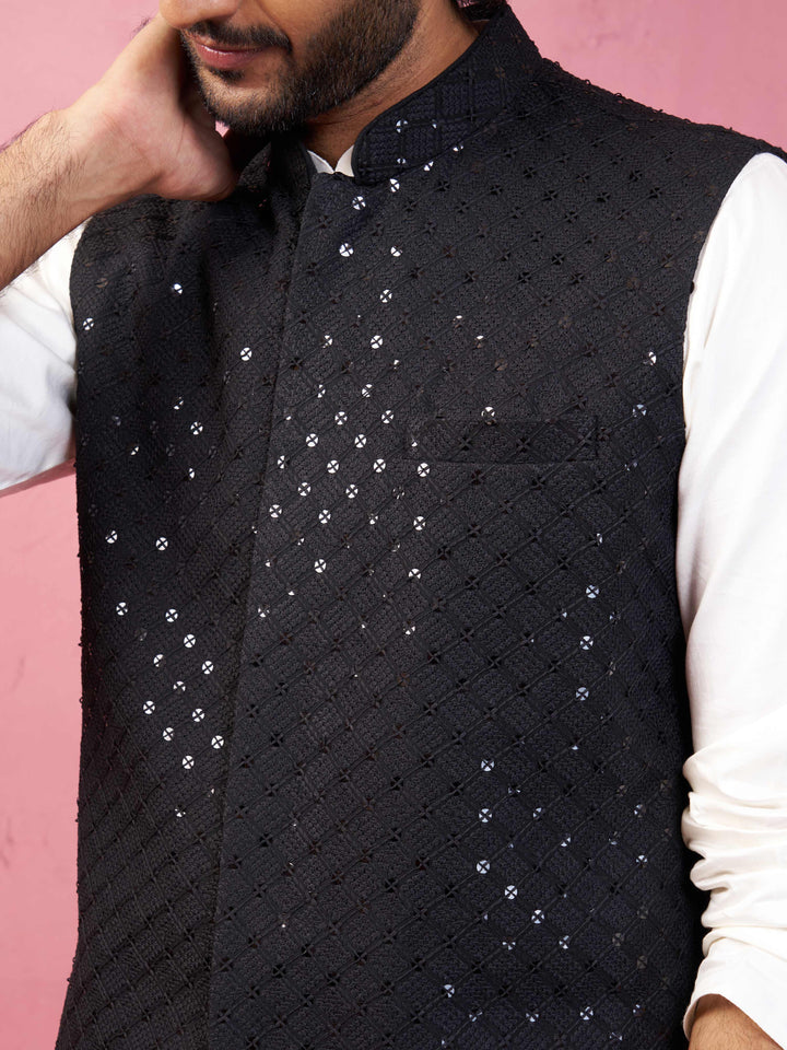 Men's Black Sequin Embroidered Nehru Jacket with Cream Kurta Pyjama