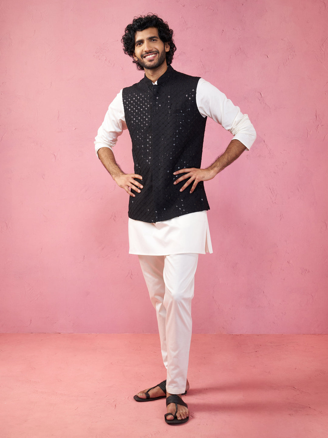 Men's Black Sequin Embroidered Nehru Jacket with Cream Kurta Pyjama