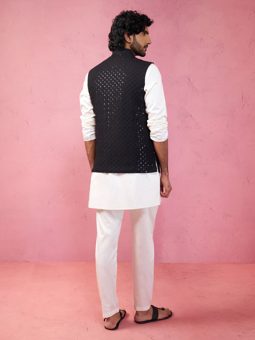 Men's Black Sequin Embroidered Nehru Jacket with Cream Kurta Pyjama