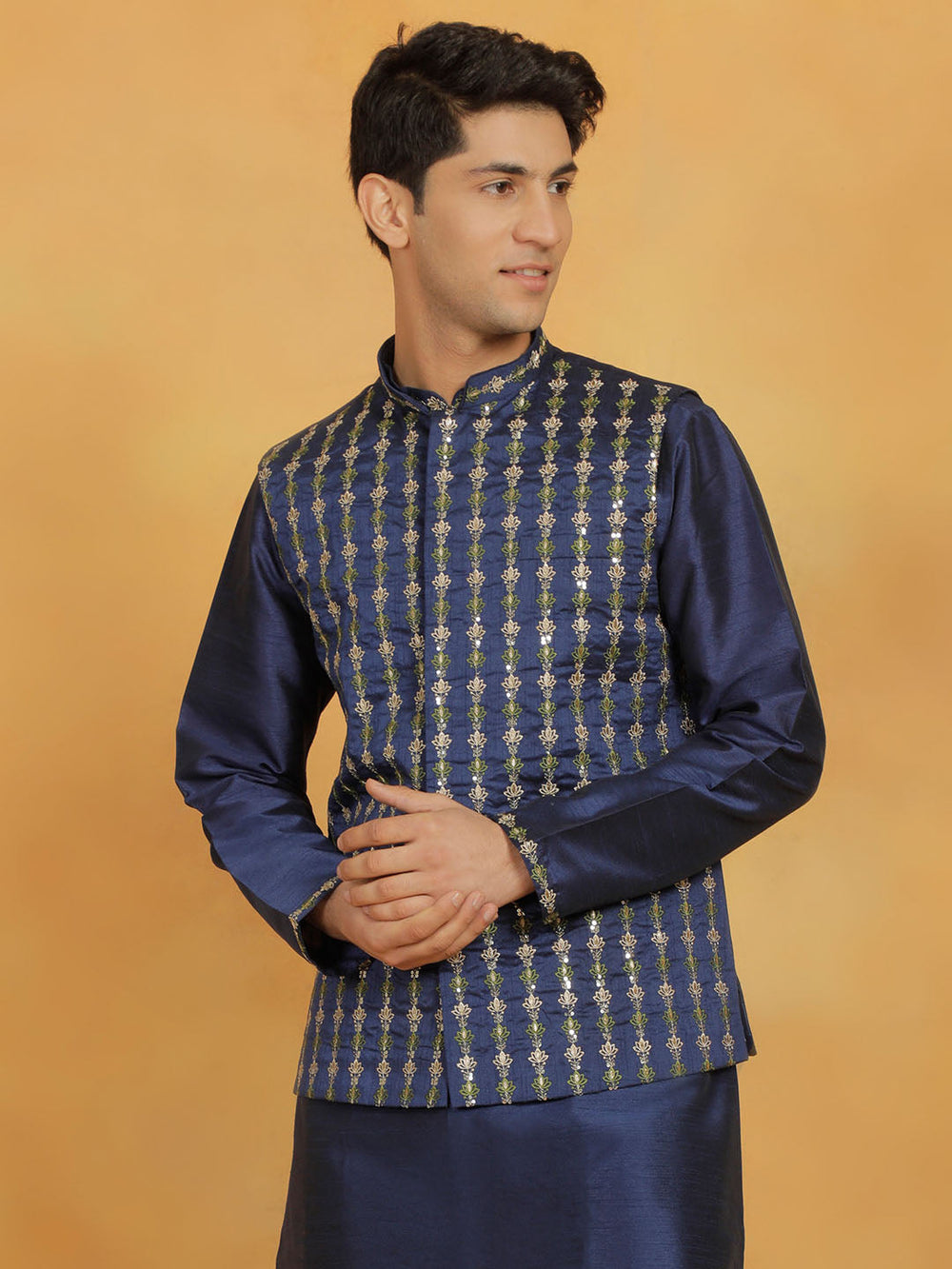 Men's Navy Blue Dupion Silk Nehru Jacket - view 2