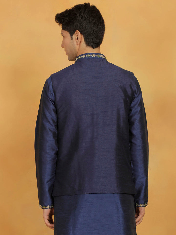 Men's Navy Blue Dupion Silk Nehru Jacket - view 3