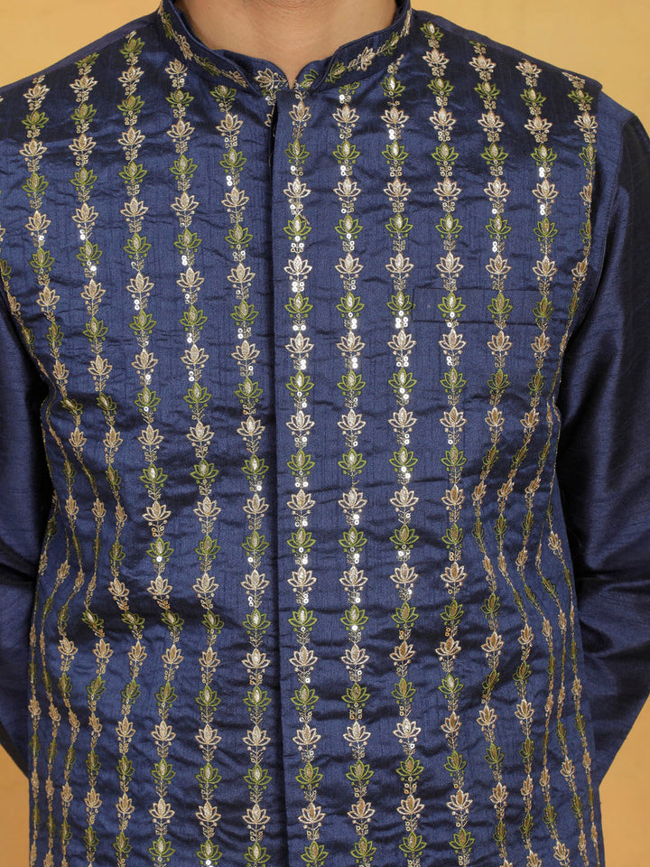 Men's Navy Blue Dupion Silk Nehru Jacket - view 4
