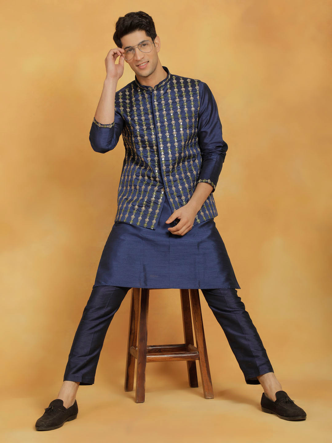 Men's Navy Blue Dupion Silk Nehru Jacket - view 5