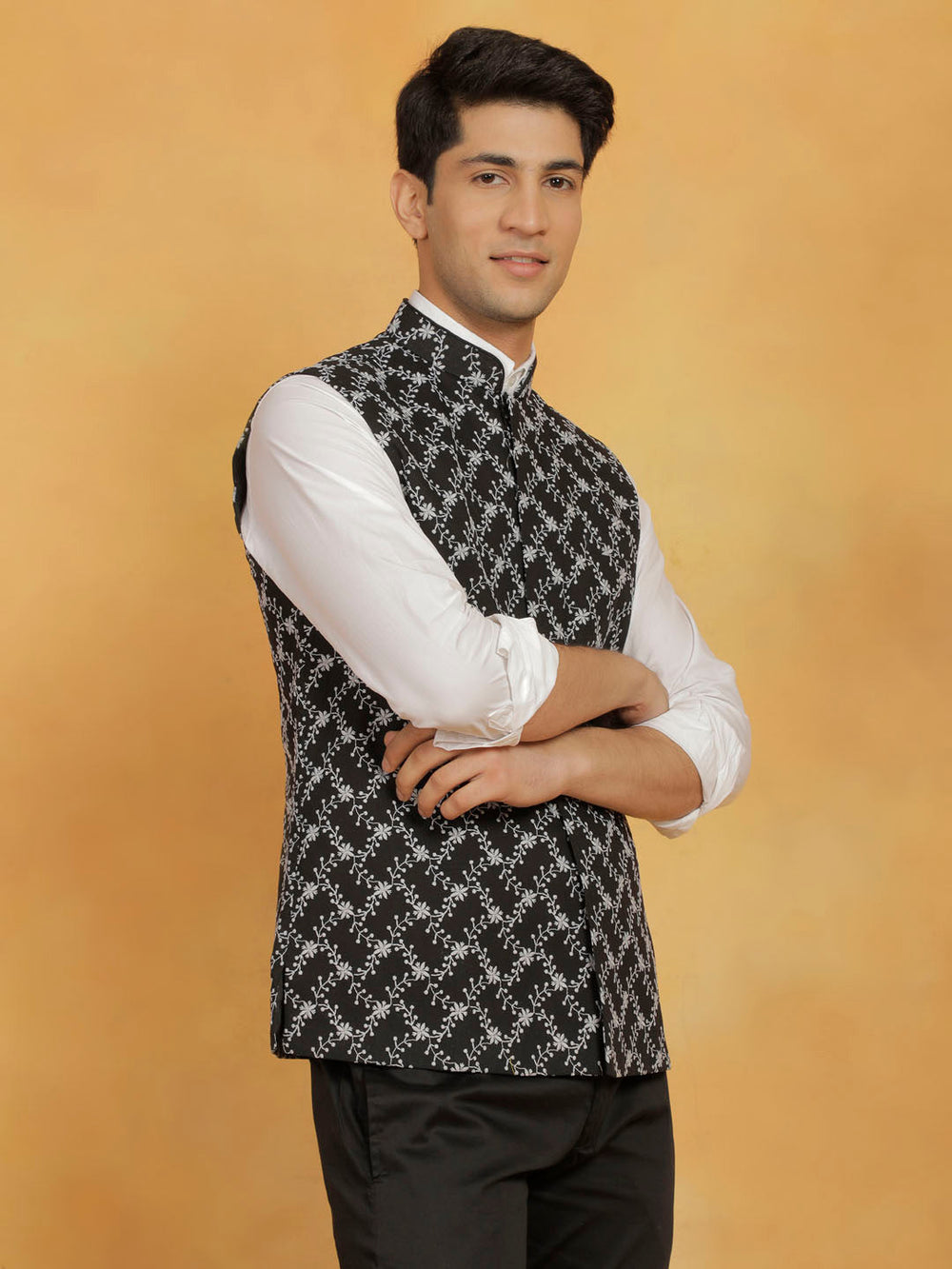 Men's Black Cotton Nehru Jacket - view 2
