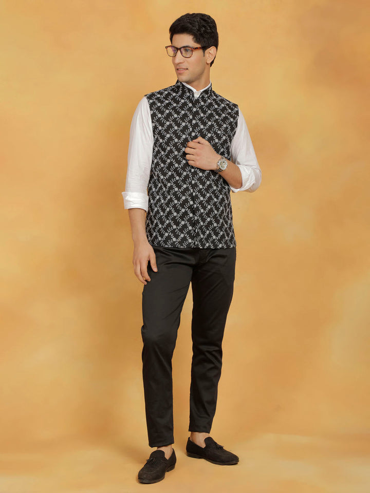 Men's Black Cotton Nehru Jacket - view 5
