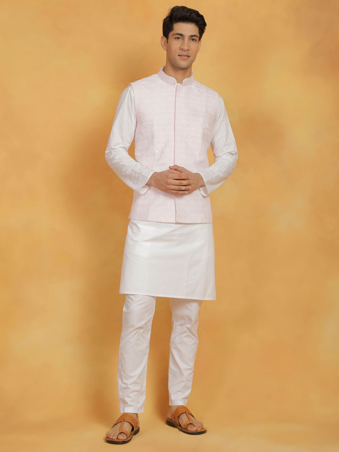 Sarvati Men's White And Pink Cotton Silk Jacket, Kurta and Pyjama Set