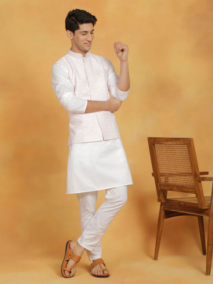 Sarvati Men's White And Pink Cotton Silk Jacket, Kurta and Pyjama Set