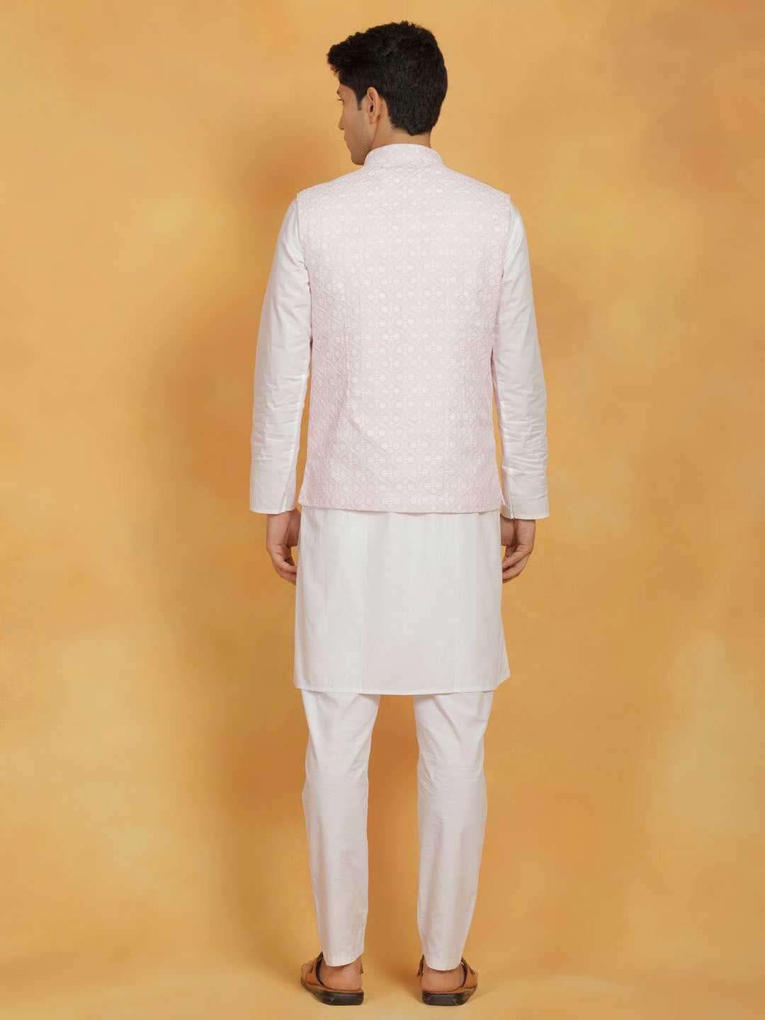 Sarvati Men's White And Pink Cotton Silk Jacket, Kurta and Pyjama Set