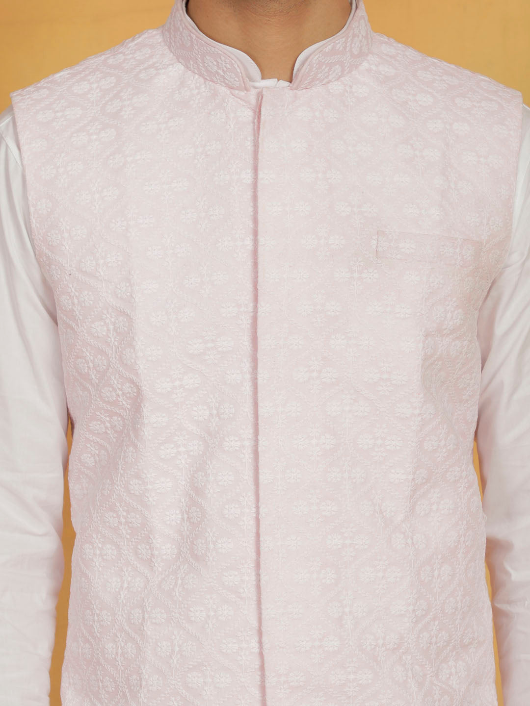 Sarvati Men's White And Pink Cotton Silk Jacket, Kurta and Pyjama Set