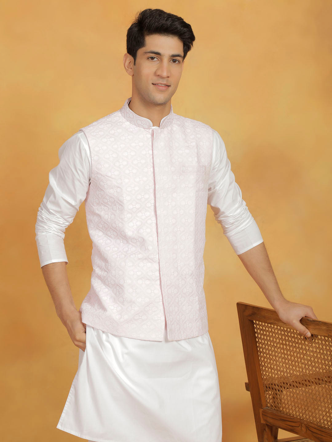 Sarvati Men's White And Pink Cotton Silk Jacket, Kurta and Pyjama Set