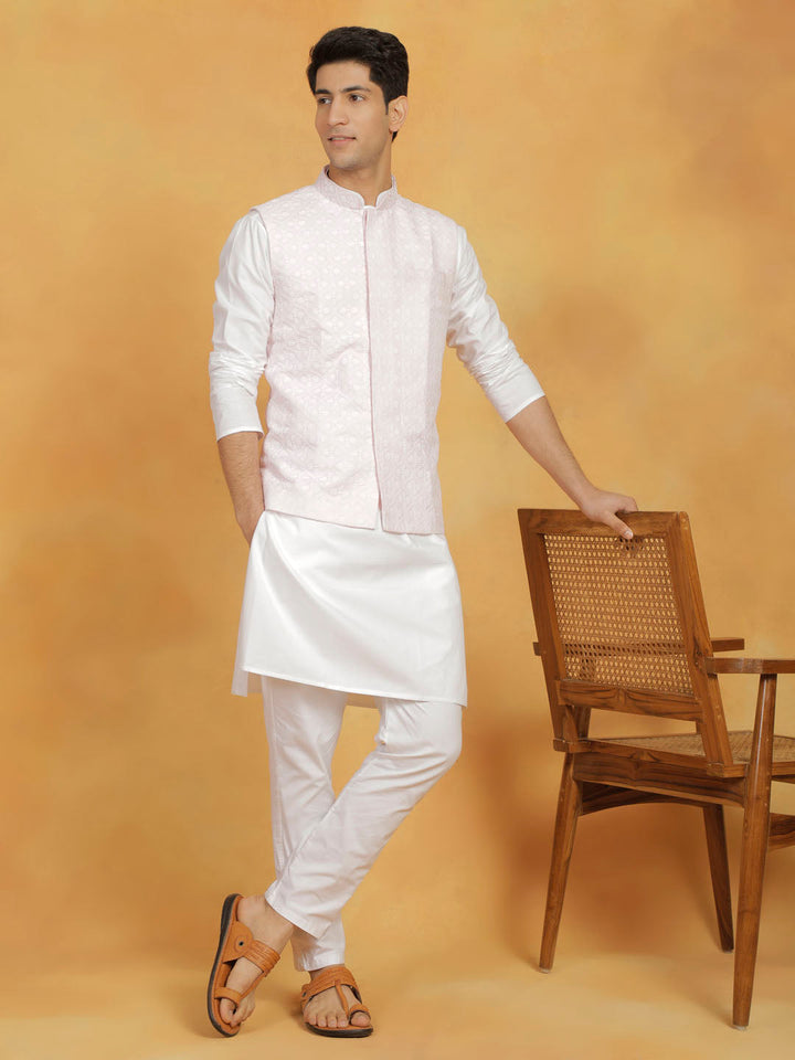 Sarvati Men's White And Pink Cotton Silk Jacket, Kurta and Pyjama Set