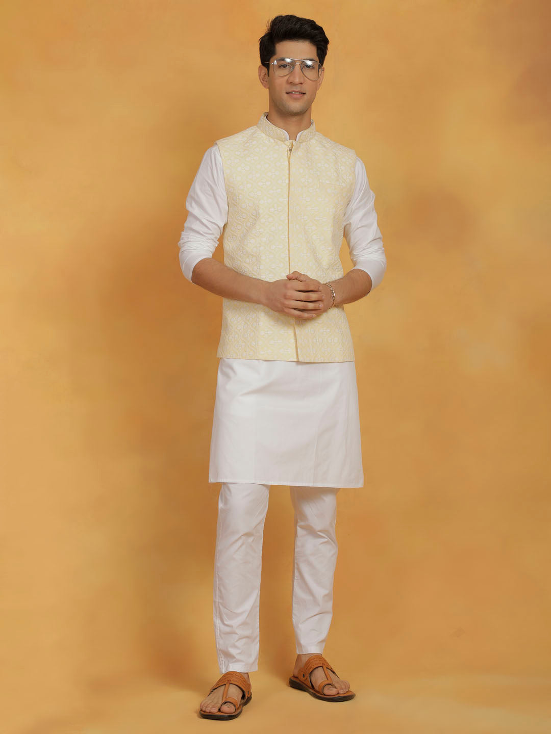 Sarvati Men's White And Yellow Cotton Silk Jacket, Kurta and Pyjama Set