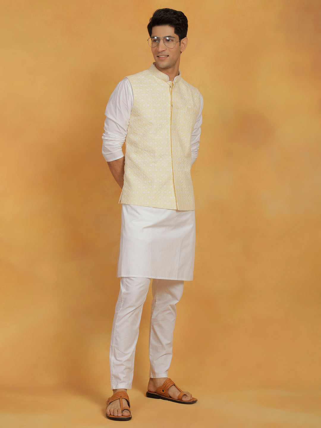 Sarvati Men's White And Yellow Cotton Silk Jacket, Kurta and Pyjama Set