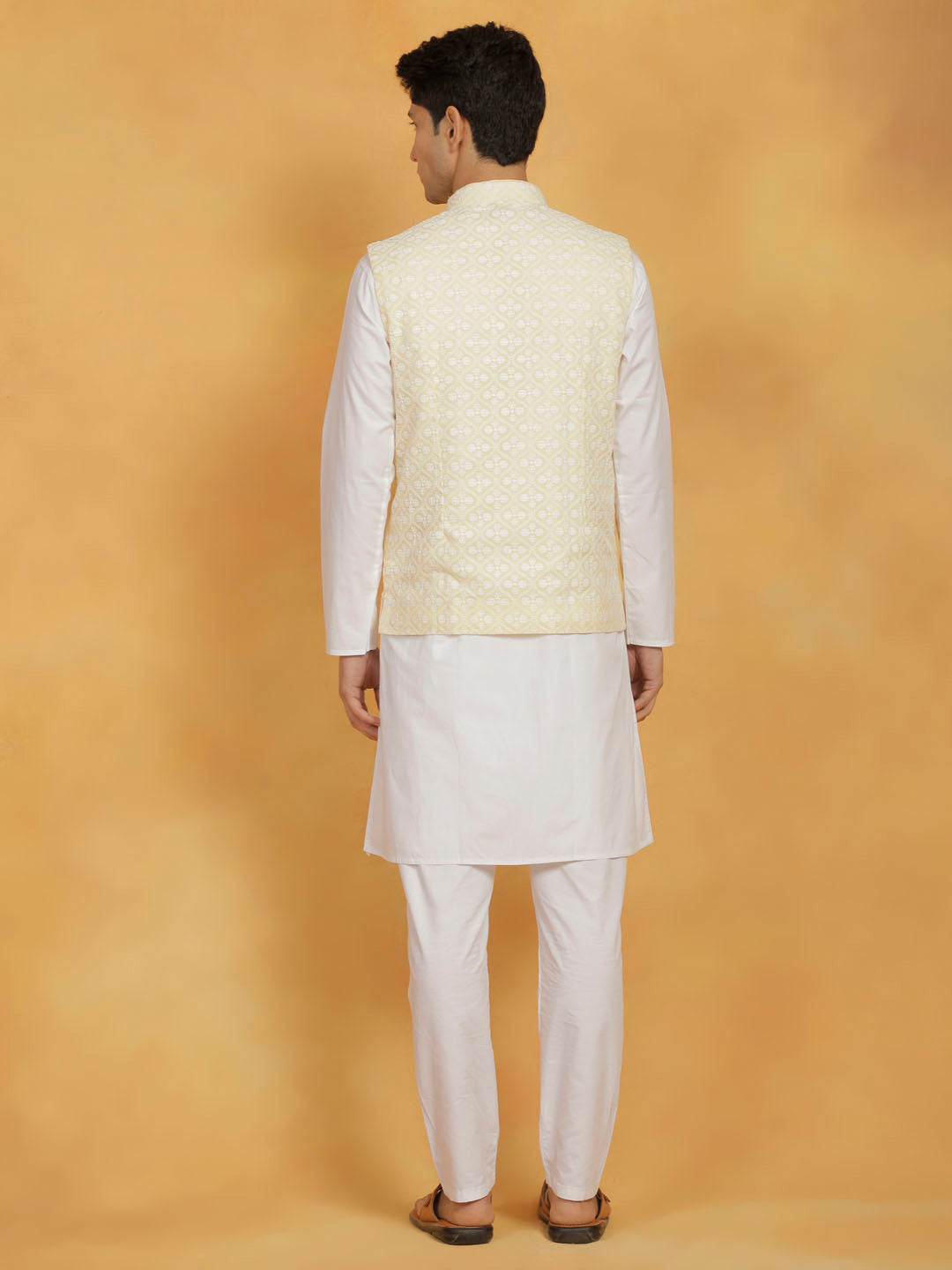 Sarvati Men's White And Yellow Cotton Silk Jacket, Kurta and Pyjama Set