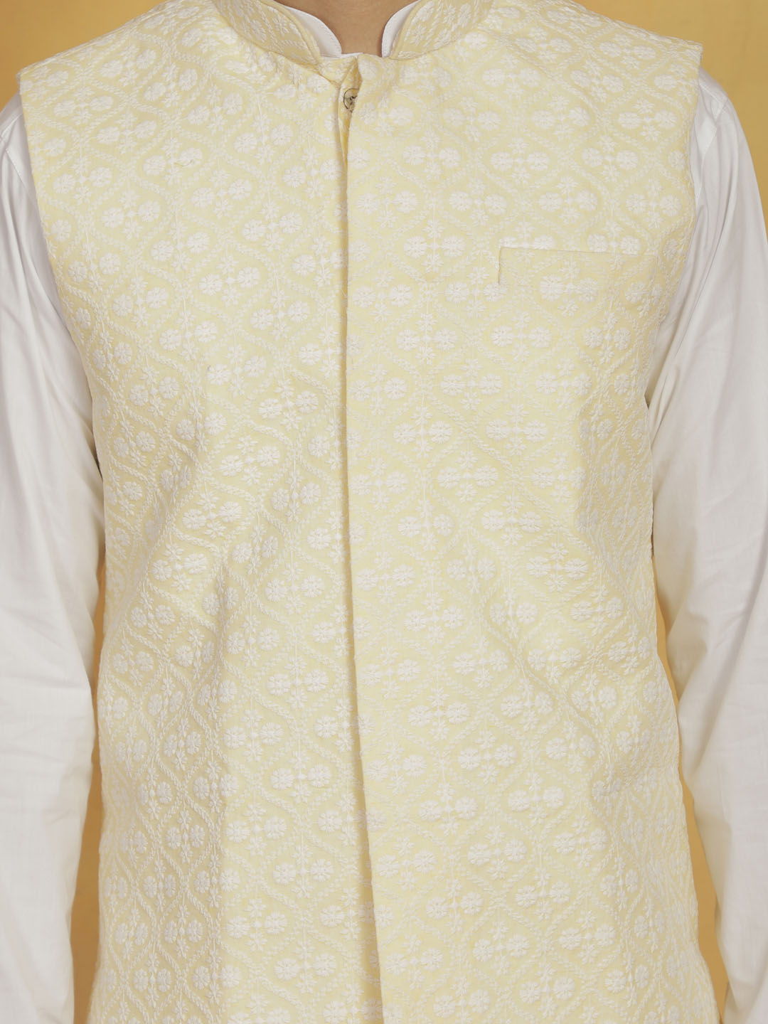 Sarvati Men's White And Yellow Cotton Silk Jacket, Kurta and Pyjama Set