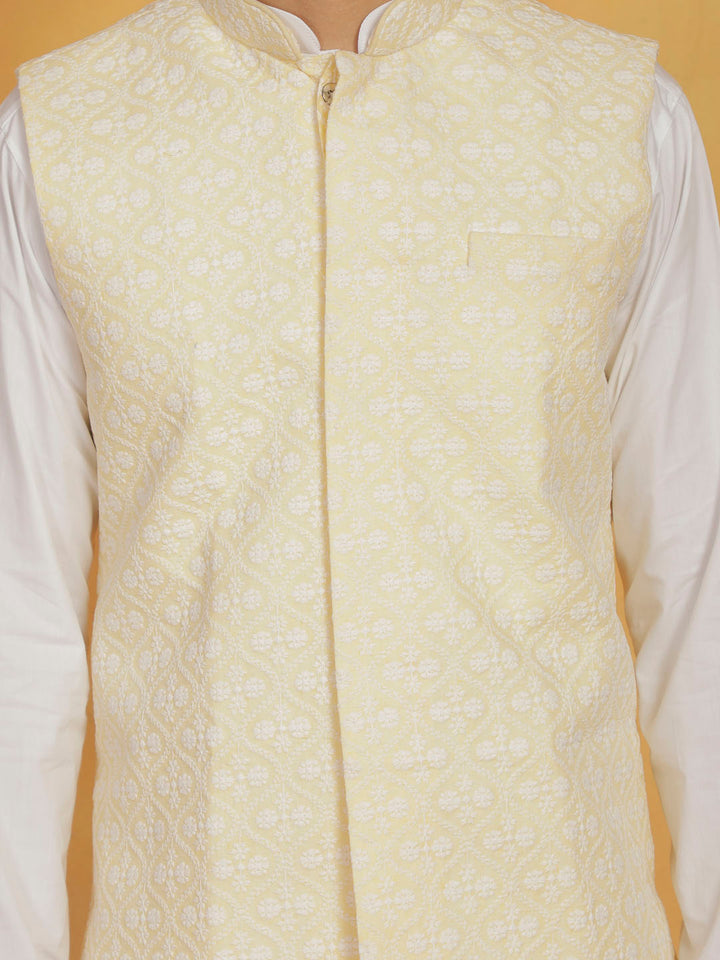 Sarvati Men's White And Yellow Cotton Silk Jacket, Kurta and Pyjama Set