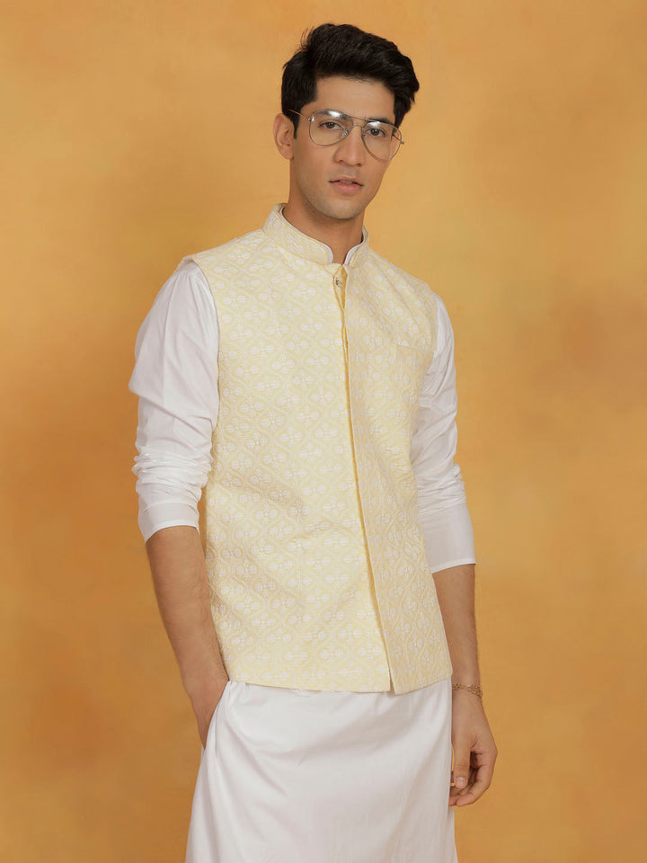 Sarvati Men's White And Yellow Cotton Silk Jacket, Kurta and Pyjama Set