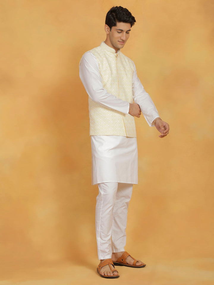 Sarvati Men's White And Yellow Cotton Silk Jacket, Kurta and Pyjama Set