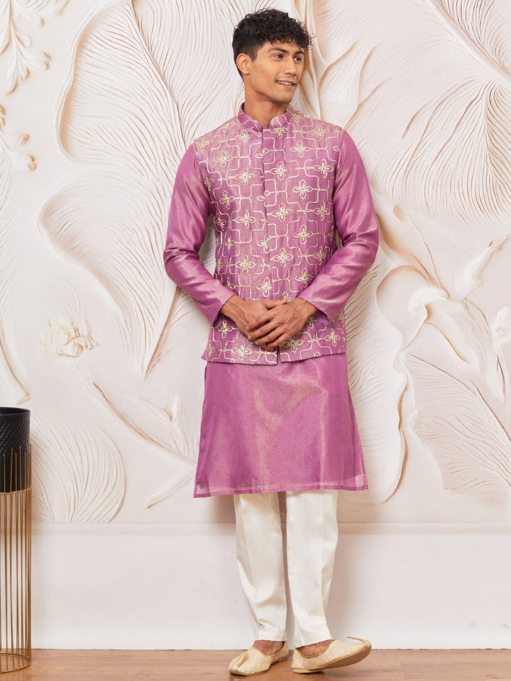Men's Purple And Rose Gold Silk Blend Jacket, Kurta And Pyjama Set