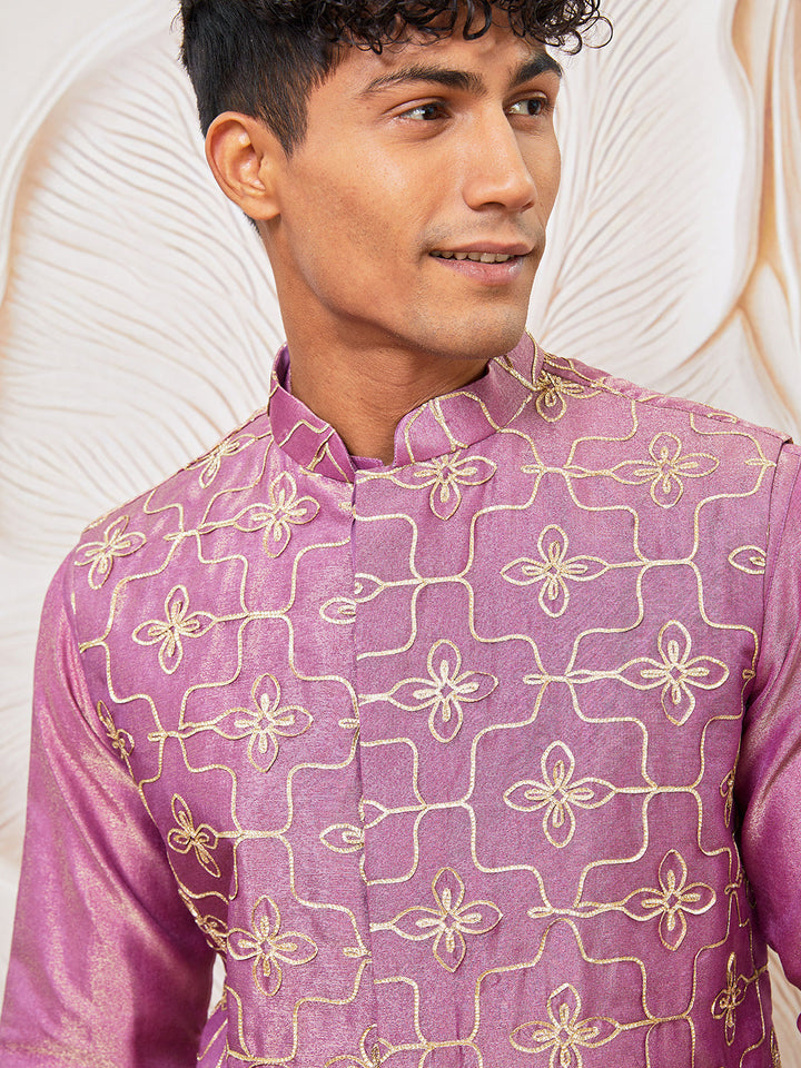 Men's Purple And Rose Gold Silk Blend Jacket, Kurta And Pyjama Set