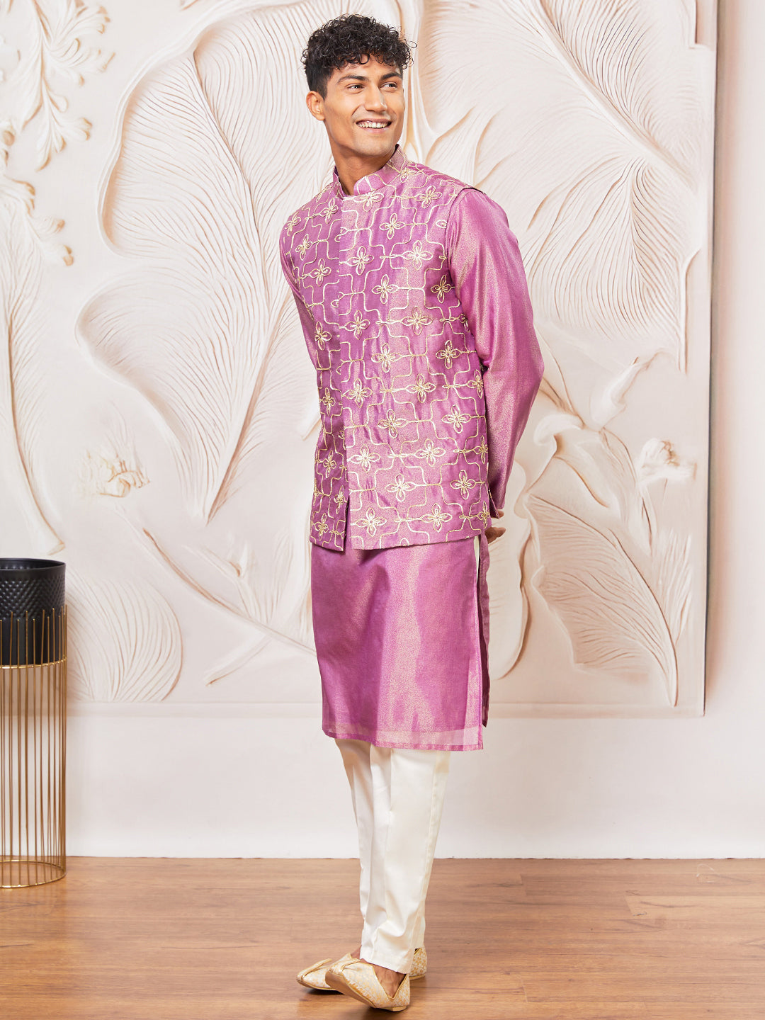 Men's Purple And Rose Gold Silk Blend Jacket, Kurta And Pyjama Set