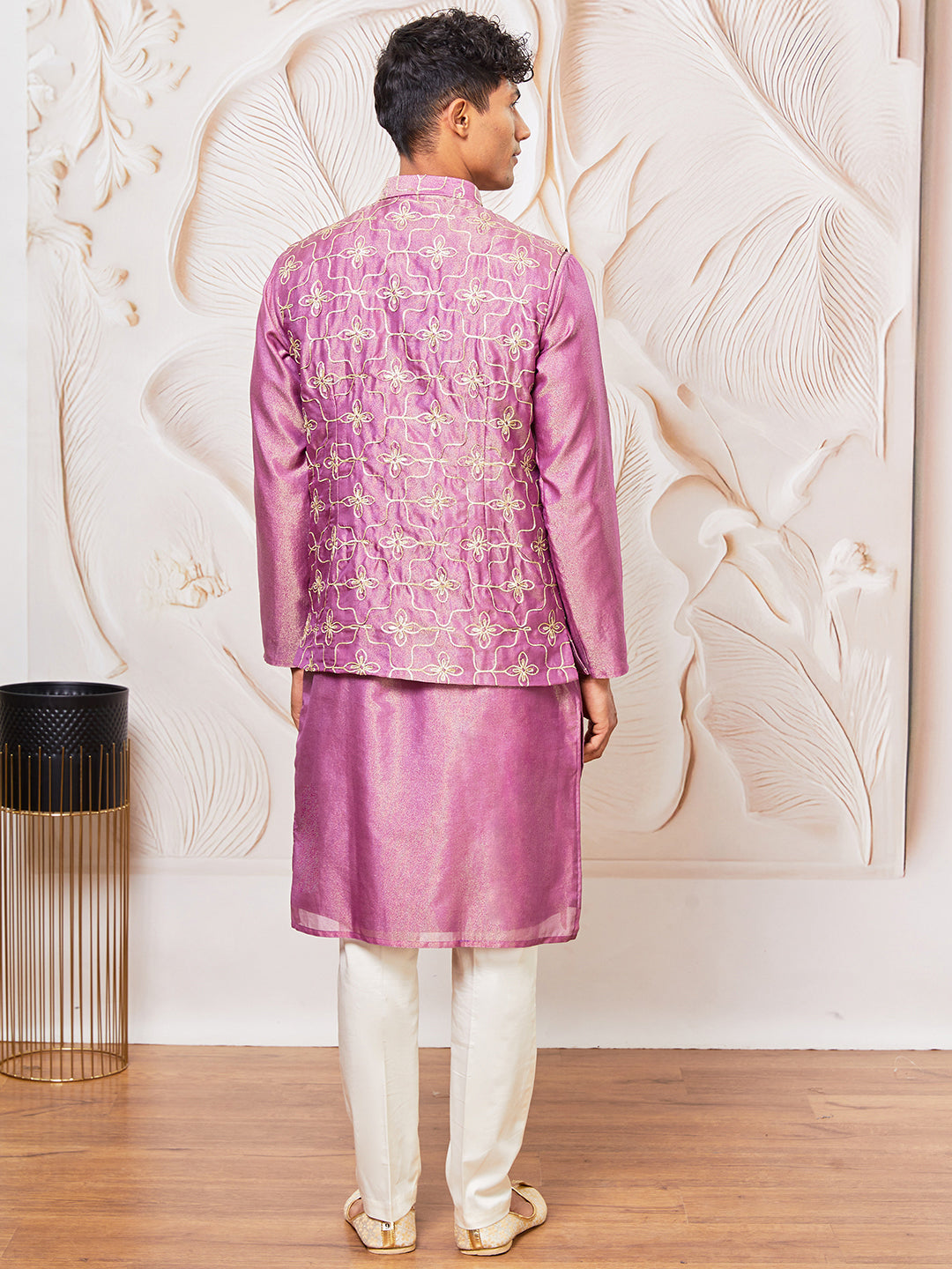 Men's Purple And Rose Gold Silk Blend Jacket, Kurta And Pyjama Set