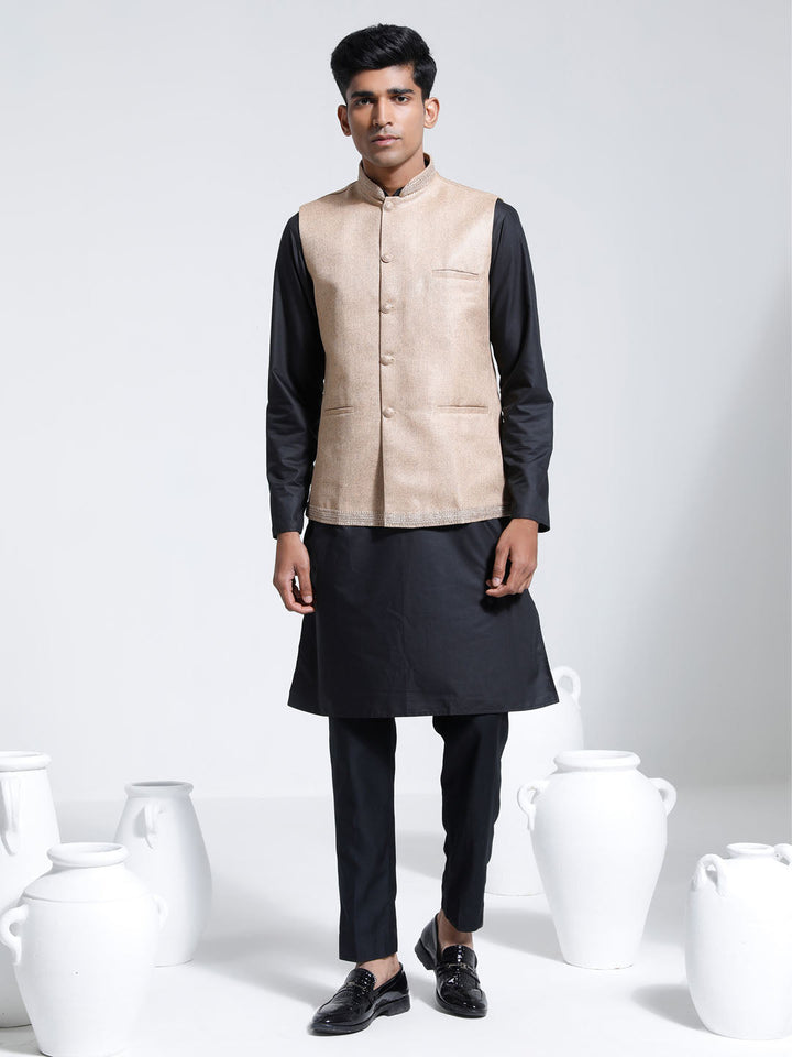 Sarvati Men's Beige And Black Cotton Silk Jacket, Kurta and Pyjama Set