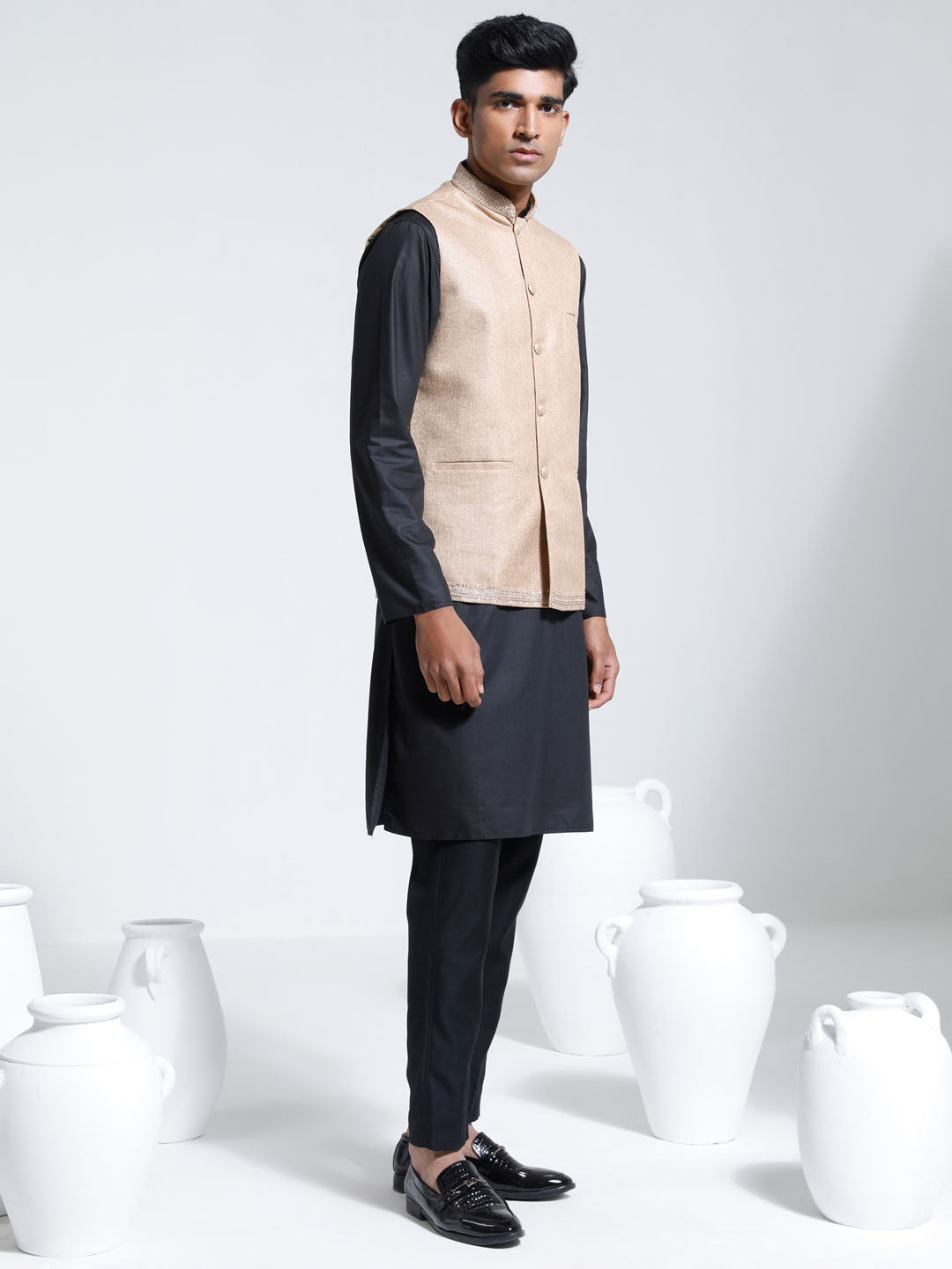 Sarvati Men's Beige And Black Cotton Silk Jacket, Kurta and Pyjama Set