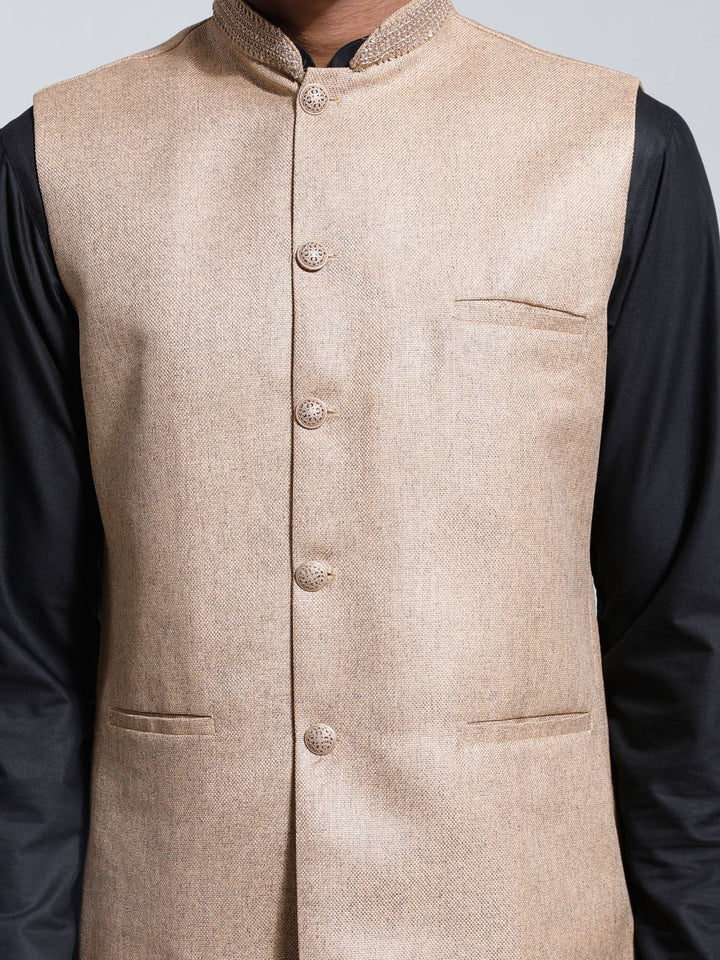 Sarvati Men's Beige And Black Cotton Silk Jacket, Kurta and Pyjama Set