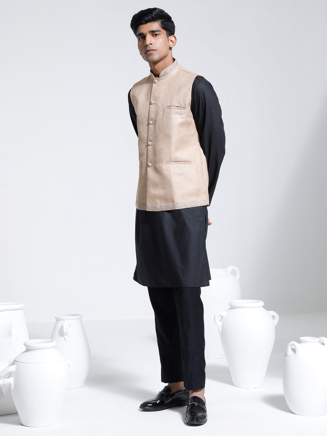 Sarvati Men's Beige And Black Cotton Silk Jacket, Kurta and Pyjama Set